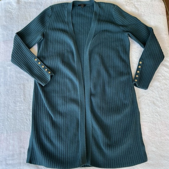 Talbots Petite Small Teal Ribbed Cardigan Sweater Open Front, Button Detail - Picture 1 of 9
